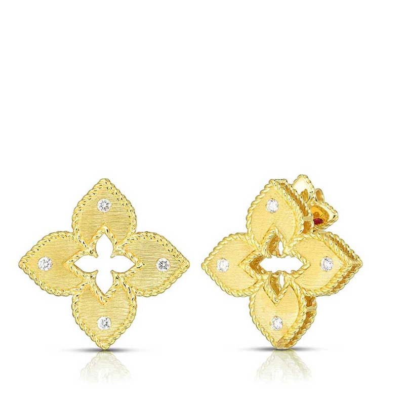 18K yellow gold Venetian petite diamond flower earrings with round diamonds weighing 0.05 carat total weight
