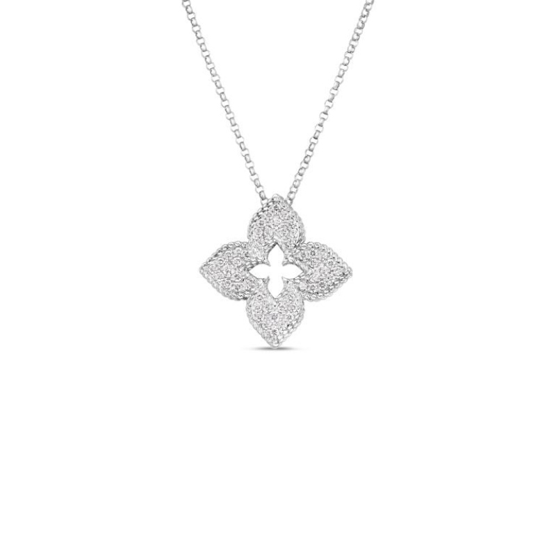 18K White Gold Venetian Princess Medium Pave Diamond Flower Necklace