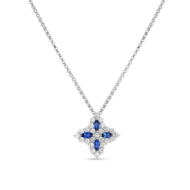 18K White Gold Diamond & Sapphire Medium Flower Pendant