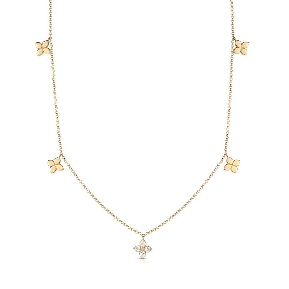 18K Yellow Gold Love By The Inch Diamond & Polished Small Flower Station Necklace